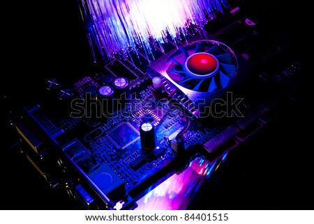 Single computer video-card with fiber optics background