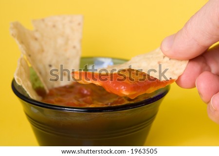 A hand holding a tortilla chip with salsa on it.