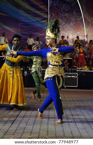 KUALA LUMPUR,MALAYSIA-MAY 20:Participant performing traditional indian dance at the rehearsal of Colours of Malaysia May 20 2011 in Kuala Lumpur Malaysia. 24.6million tourist visited Malaysia in 2010
