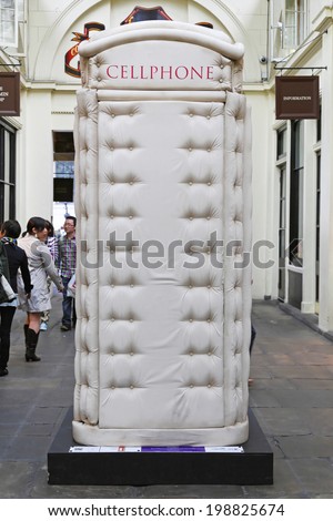 LONDON, UNITED KINGDOM - JUNE 23: Telephone booth in London on JUNE 23, 2012. Padded Cell Phone Box from Bert Gilbert at Covent Garden in London,  United Kingdom.