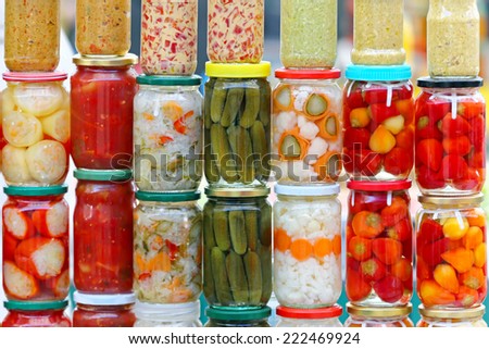 Pickled vegetables in mason jars ready for winter