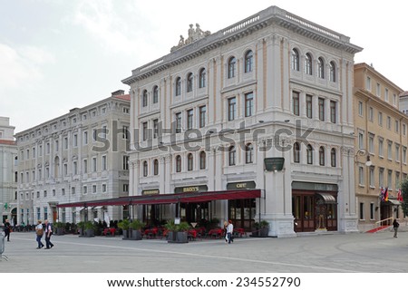 TRIESTE, ITALY - OCTOBER 13: Grand Hotel Duchi D Aosta in Trieste on OCTOBER 13, 2014.  Famous Harrys Cafe and Hotel Duchi at Unity of Italy Square in Trieste, Italy.