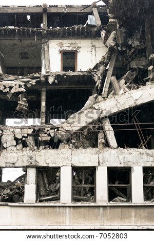 Ruined residential building after strong earthquake eruption