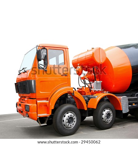 Front view of orange cement mixer truck
