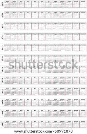 Vector Calendars For 2009, 2010, 2011, 2012, 2013,2014, 2015, 2016 ...