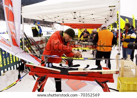 TESERO, ITALY -  JANUARY 29: Race Nordic Skiing for guests and VIP\'s at the cross-country ski stadium, classic style January 29, 2011 In Tesero, Trentino-South Tyrol - Italy. Skiman preparation