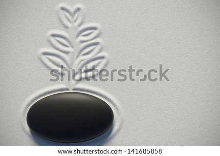 Zen garden on sand background with a plant drawing on the sand