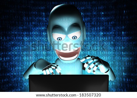 A human shaped Robot with bad intentions in front of a computer