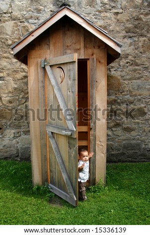 Cute Little Boy Emerging From Old Fashioned Outhouse Latrine Stock ...