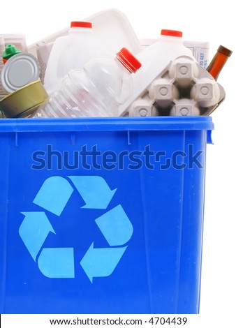 A Blue Recycling Bin Full Of Recyclable Things - Bottles, Containers ...