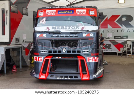 ISTANBUL - MAY 12: Markus Oestreich of Renault MKR Technology team at garage before free practice of 2012 FIA European Truck Racing Championship, Istanbul Park on May 12, 2012 in Istanbul, Turkey.