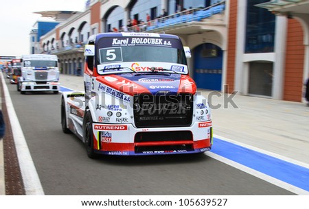ISTANBUL - MAY 13: David Vrsecky of Freightliner Buggyra Int. Racing System team at pit lane before third race of 2012 FIA European Truck Racing Championship on May 13, 2012 in Istanbul, Turkey.