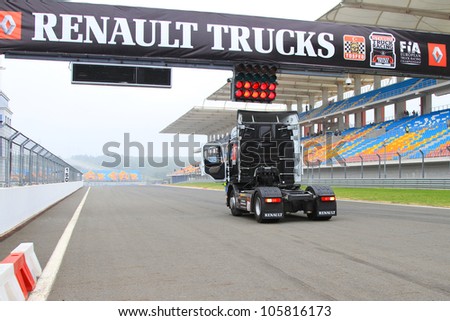 ISTANBUL - MAY 13: Pace truck at start grid before 4th race of 2012 FIA European Truck Racing Championship, Istanbul Park on May 13, 2012 in Istanbul, Turkey.
