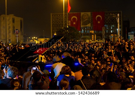 ISTANBUL - JUNE 14: Piano concert during protests in Turkey on June 14, 2013 in Istanbul, Turkey. There was piano and symphony concerts, ballet performances during protests.