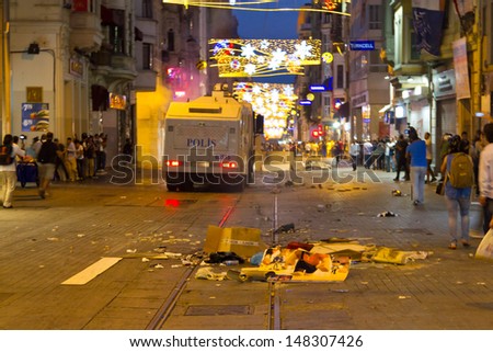 ISTANBUL - JULY 31: Riot Control Vehicle attack in Istiklal Street on July 31, 2013 in Istanbul, Turkey. People gathered and protest for Berkin Elvan who was shot in the head with a tear gas canister