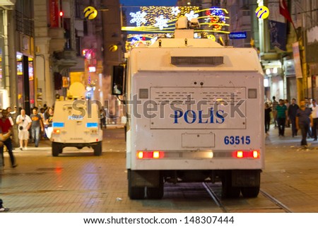 ISTANBUL - JULY 31: Riot Control Vehicle in Istiklal Street on July 31, 2013 in Istanbul, Turkey. People gathered and protest for Berkin Elvan who was shot in the head with a tear gas canister.