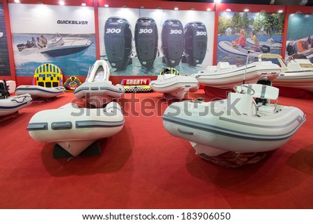 ISTANBUL - FEBRUARY 22: Inflatable boats in CNR Avrasya Boat Show on February 22, 2014 in Istanbul, Turkey.