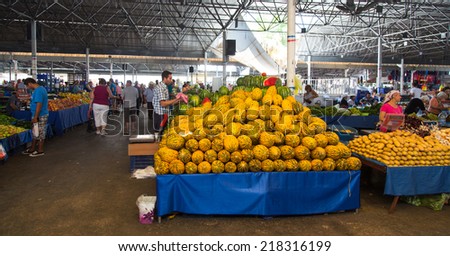 BODRUM, MUGLA, TURKEY - JULY 25, 2014: People in Bodrum Bodrum Market. Market is open every day with fresh vegetables and fruits.