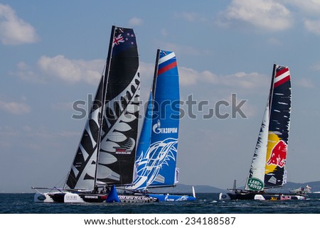 ISTANBUL, TURKEY - SEPTEMBER 13, 2014: Emirates Team New Zealand, Red Bull Sailing and Realteam competes in Extreme Sailing Series.