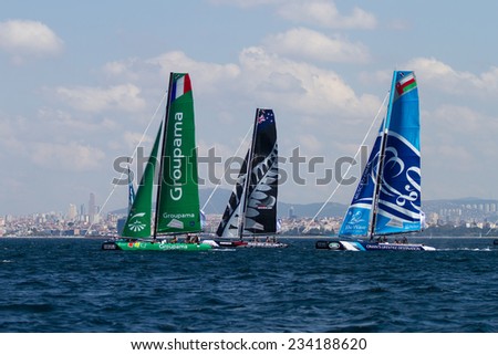 ISTANBUL, TURKEY - SEPTEMBER 13, 2014: Groupama,  Emirates Team New Zealand and The Wave, Muscat Teams competes in Extreme Sailing Series.