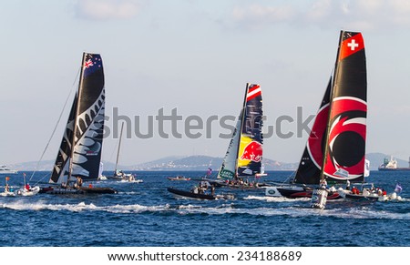 ISTANBUL, TURKEY - SEPTEMBER 13, 2014: Emirates Team New Zealand, Red Bull Sailing and Alinghi Team competes in Extreme Sailing Series.