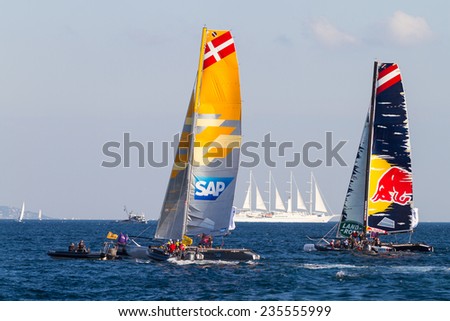 ISTANBUL, TURKEY - SEPTEMBER 13, 2014: Red Bull Sailing and SAP teams compete in Extreme Sailing Series.
