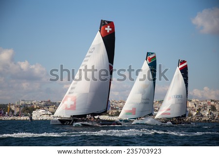 ISTANBUL, TURKEY - SEPTEMBER 13, 2014: Alinghi, Oman Air and Red Bull Sailing teams compete in Extreme Sailing Series.