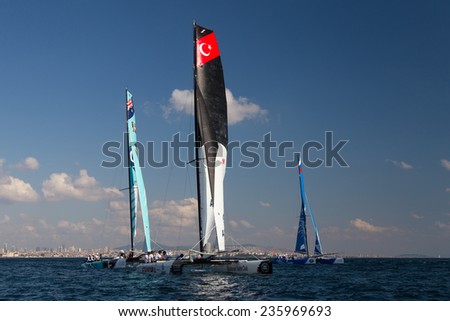 ISTANBUL, TURKEY - SEPTEMBER 13, 2014: TeamTurx, Gazprom Team Russia and GAC Pindar teams compete in Extreme Sailing Series.