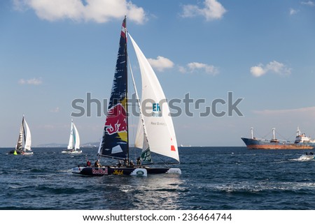 ISTANBUL, TURKEY - SEPTEMBER 13, 2014: Skipper Roman Hagara, Red Bull Sailing Team competes in Extreme Sailing Series.
