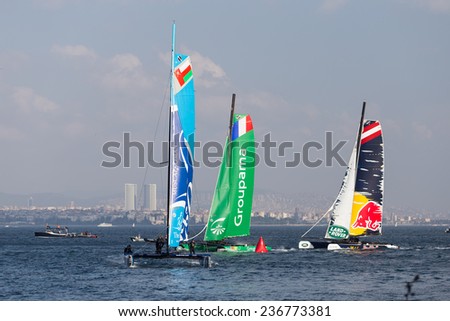 ISTANBUL, TURKEY - SEPTEMBER 14, 2014: Groupama, Red Bull Sailing and The Wave, Muscat Teams compete in Extreme Sailing Series.