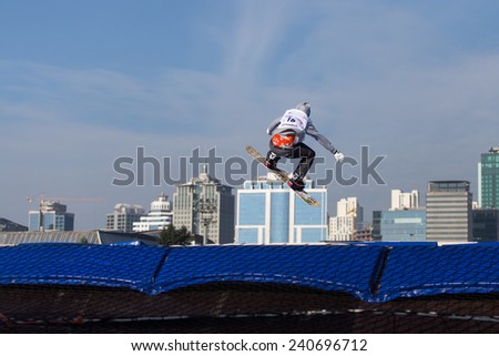 ISTANBUL, TURKEY - DECEMBER 20, 2014: Sebbe De Buck jump in FIS Snowboard World Cup Big Air. This is first Big Air event for both, men and women.