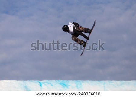 ISTANBUL, TURKEY - DECEMBER 20, 2014: Alois Lindmoser jump in FIS Snowboard World Cup Big Air. This is first Big Air event for both, men and women.