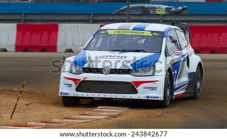 ISTANBUL, TURKEY - OCTOBER 11, 2014: Toomas Heikkinen drives VW Polo of Marklund Motorsport Team in FIA World Rallycross Championship.