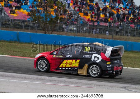 ISTANBUL, TURKEY - OCTOBER 11, 2014: Kevin Eriksson drives RX Lites of OlsbergsMSE Team in FIA World Rallycross Championship.