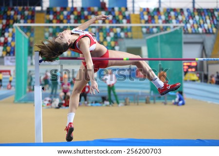 ISTANBUL, TURKEY - FEBRUARY 21, 2015: Montenegrin athlete Marija Vukovic high jump during Balkan Athletics Indoor Championships in Asli Cakir Alptekin Athletics hall.