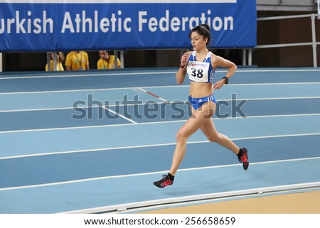 ISTANBUL, TURKEY - FEBRUARY 21, 2015: Greek athlete Anastasia Karakatsani running during Balkan Athletics Indoor Championships in Asli Cakir Alptekin Athletics hall.