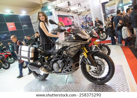 ISTANBUL, TURKEY - FEBRUARY 28, 2015: Aprilia Caponord in Eurasia Moto Bike Expo in Istanbul Expo Center