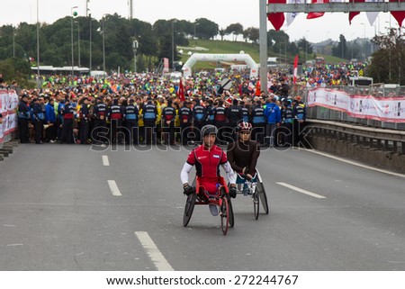 ISTANBUL, TURKEY - NOVEMBER 16, 2014: People are waiting for the start of 36th Istanbul marathon.