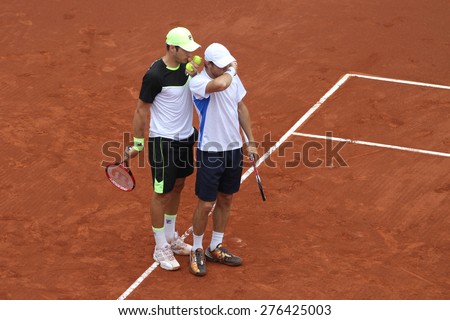 ISTANBUL, TURKEY - MAY 02, 2015: Dusan Lajovic and Radu Albot against Chris Guccione and Andre Sa in doubles semi-final match of TEB BNP Paribas Istanbul Open 2015