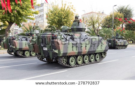 ISTANBUL, TURKEY - OCTOBER 29, 2014: Armoured Personnel Carrier in Vatan Avenue during 29 October Republic Day celebration of Turkey