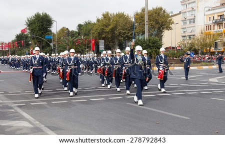 ISTANBUL, TURKEY - OCTOBER 29, 2014: Soldiers march in Vatan Avenue during 29 October Republic Day celebration of Turkey