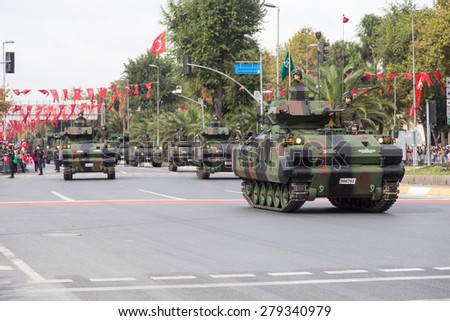 ISTANBUL, TURKEY - OCTOBER 29, 2014: Armoured Personnel Carrier in Vatan Avenue during 29 October Republic Day celebration of Turkey