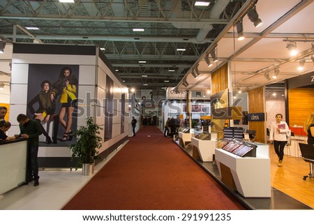 ISTANBUL, TURKEY - NOVEMBER 20, 2014: Exhibition stands in fair area of Istanbul Leather Fair