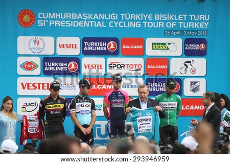 ISTANBUL, TURKEY - MAY 03, 2015: Turkish President Recep Tayyip Erdogan make an award cyclists in podium of of 51st Presidential Cycling Tour of Turkey.