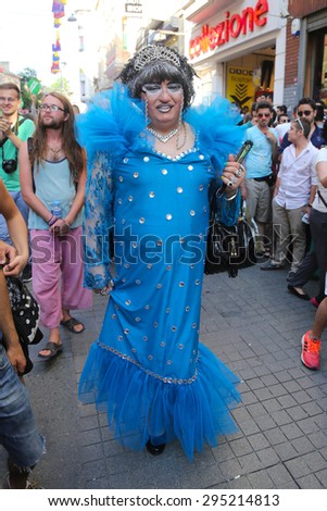 ISTANBUL, TURKEY - JUNE 21, 2015: Man in costume during Istanbul Trans Pride March in Istiklal Avenue at the beginning of Istanbul LGBT Pride Week.