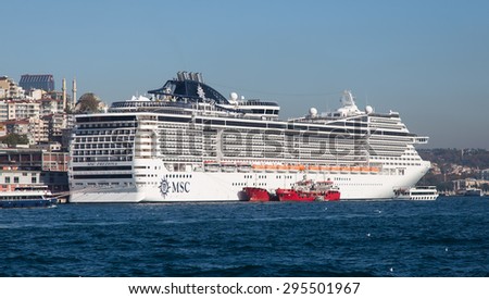 ISTANBUL, TURKEY - NOVEMBER 05, 2014: MSC Preziosa Cruise Ship in Istanbul Port. Ship has 3,959 passenger capacity with 139,072 gross tonnage.