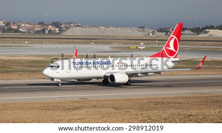 ISTANBUL, TURKEY - JULY 09, 2015: Turkish Airlines Boeing 737-8F2 (CN 29776/308) takes off from Istanbul Ataturk Airport. THY is the flag carrier of Turkey with 284 fleet size and 275 destinations