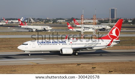 ISTANBUL, TURKEY - JULY 09, 2015: Turkish Airlines Boeing 737-8F2 (CN 29785/544) takes off from Istanbul Ataturk Airport. THY is the flag carrier of Turkey with 284 fleet size and 275 destinations