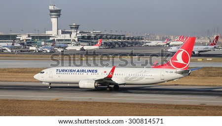 ISTANBUL, TURKEY - JULY 09, 2015: Turkish Airlines Boeing 737-8F2 (CN 42000/4336) takes off from Istanbul Ataturk Airport. THY is the flag carrier of Turkey with 284 fleet size and 275 destinations