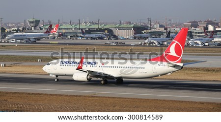 ISTANBUL, TURKEY - JULY 09, 2015: Turkish Airlines Boeing 737-8F2 (CN 42009/4963) takes off from Istanbul Ataturk Airport. THY is the flag carrier of Turkey with 284 fleet size and 275 destinations